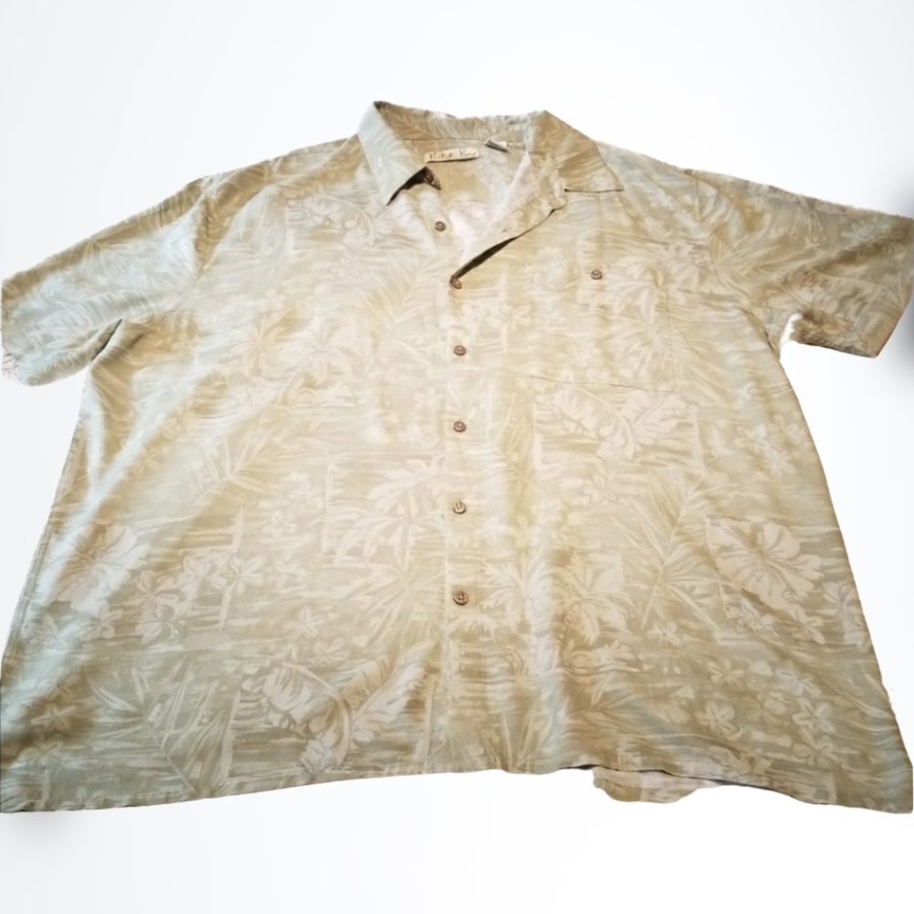 Batick Bay Mens Light Weight Green White  Button Up Hawaiian Shirt Size XXL